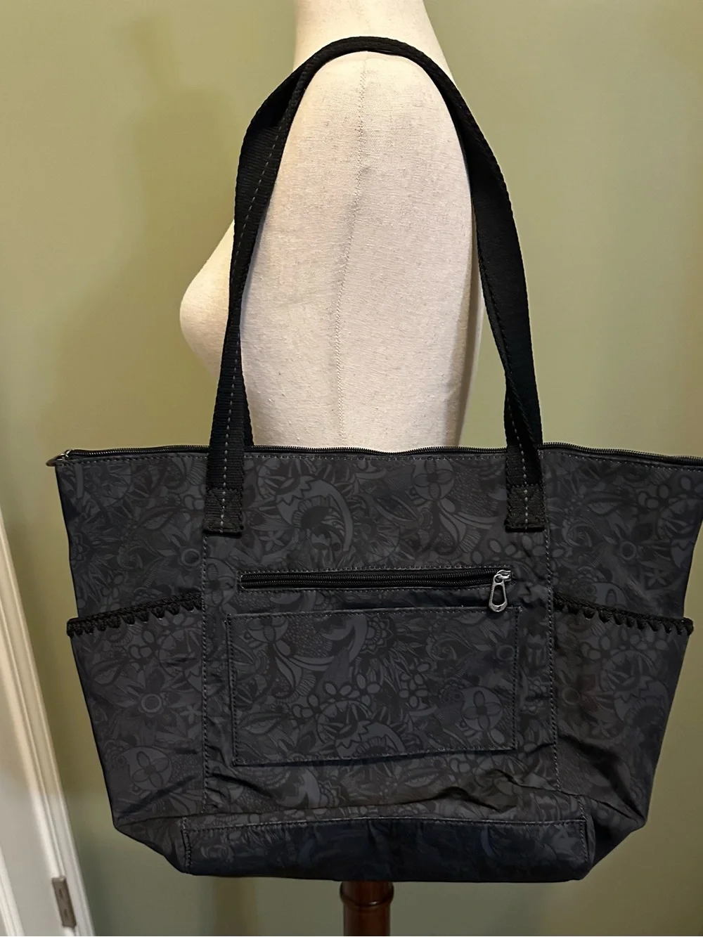 Everyday Black Floral Tote Bag with Tassel Charm